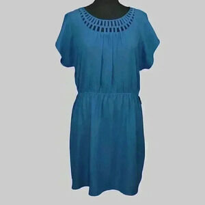 Jacob Women's Midi Dress G/L Blue Decorative Neck Short Sleeve